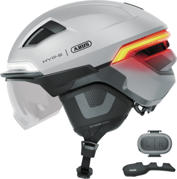 Abus Hyp-E Bl.Ace Városi Kerékpáros Sisak Szemüveggel és Beépített LED Világítással és Féklámpával - Gleam Silver